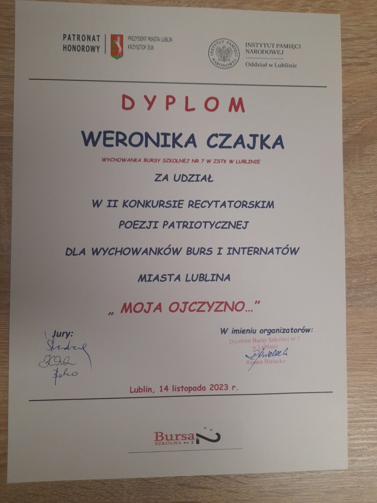 Dyplom dla Weroniki Czajki
